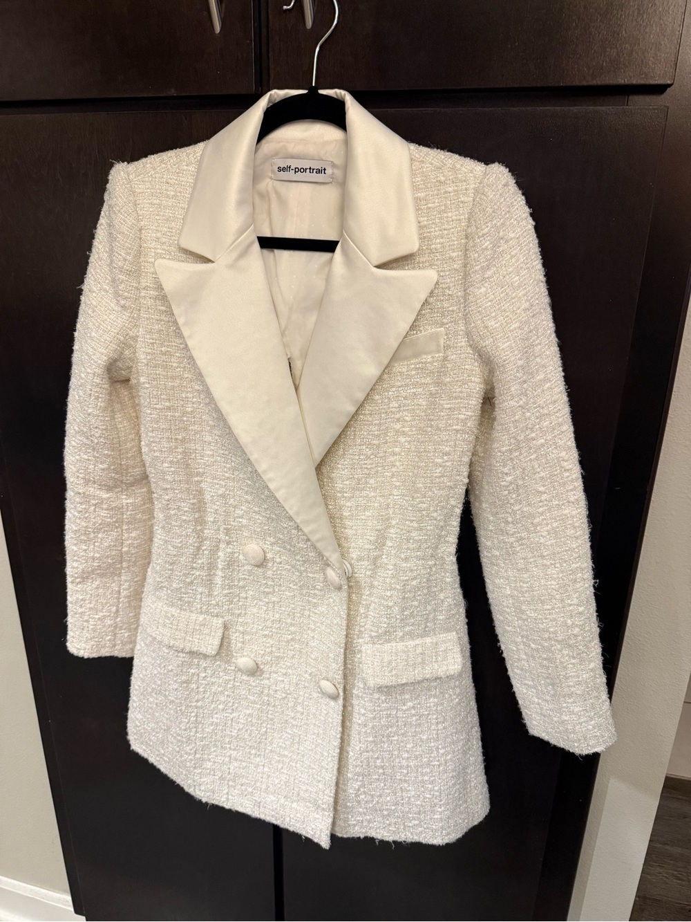Self-Portrait Ivory Bouclé Double-Breasted Blazer with Satin Lapel